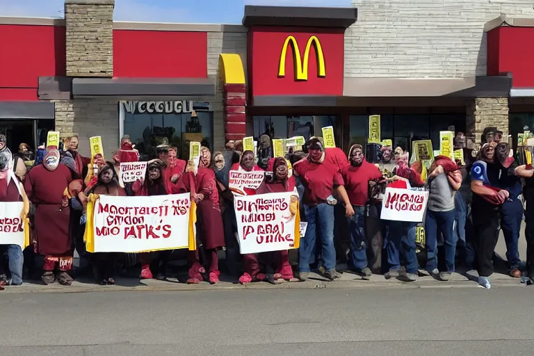 Prompt: cellphone photograph of a group of orcs protesting the working conditions in a mcdonalds parking lot. daylight. mcdonalds uniforms, aprons. picket signs