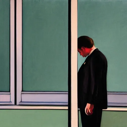 Image similar to a man in a suit who is crying, in the style of Edward hopper, 4k,