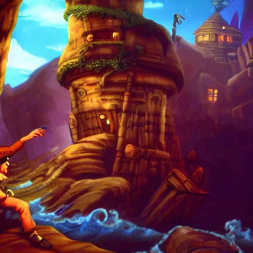 Prompt: guybrush threepwood confronts lechuck on monkey island. epic matte painting.