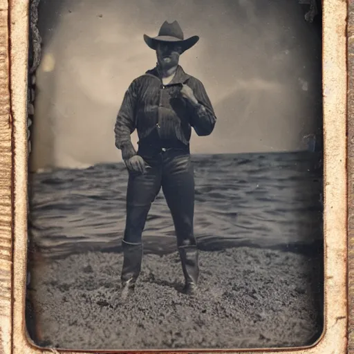 Image similar to tintype photo, bottom of the ocean, cowboy fighting a alien