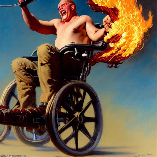 Image similar to wcw lex lugar in a wheel chair on fire rolling off a cliff. highly detailed painting by gaston bussiere, j. c. leyendecker, greg rutkowski, craig mullins 8 k