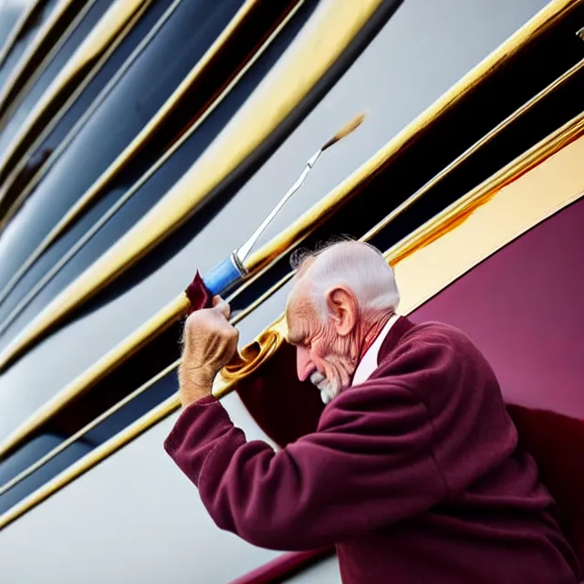 Image similar to wrinkled hunchbacked old man in musty burgundy suit, polishing painting the side of a huge gold plated mega yacht with a cloth, maintenance photo