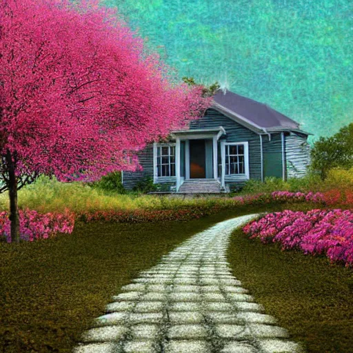 Image similar to blooming gravel path, house on a hill, digital art