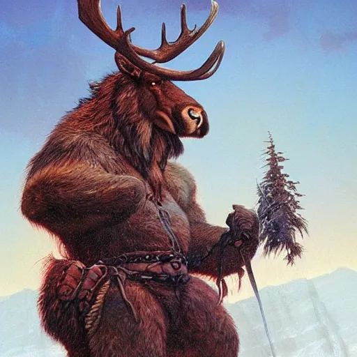 Prompt: mooseman moosetaur moose barbarian by greg rutkowski, tim hildebrandt, and wayne barlowe