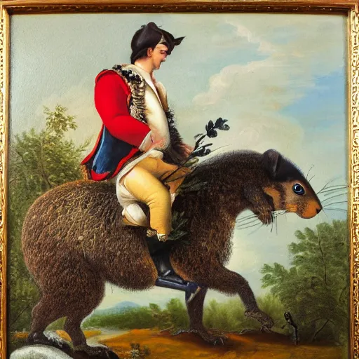 Image similar to a giant fluffy squirrel carrying napoleon bonaparte on its back, beach scene, flowers and foliage, detailed oil painting