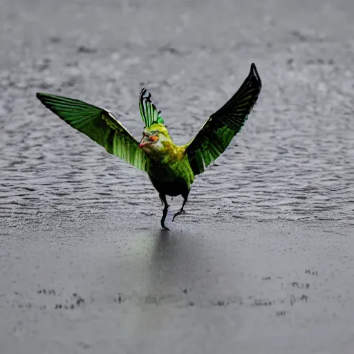 Prompt: gollum - faced bird flying in rain