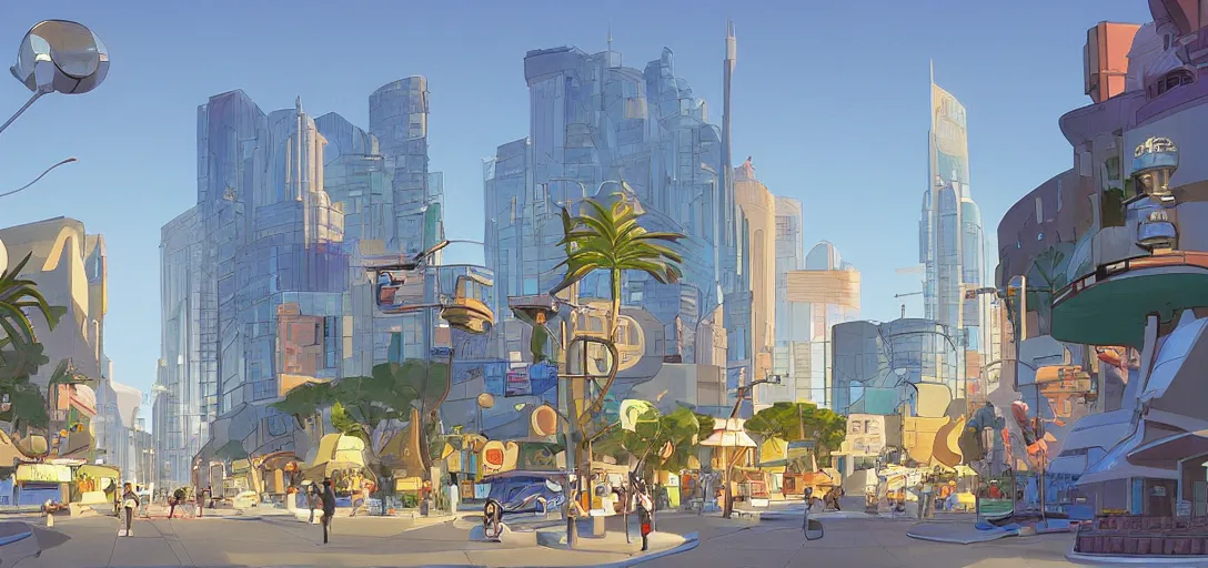 Image similar to futuristic street at a l. a. cityscape, visual development by lou romano, evening at dusk, pixar