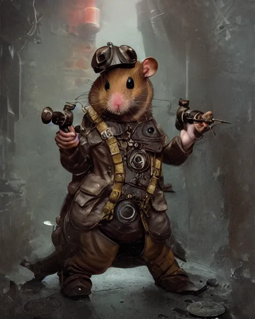 Prompt: oil painting of anthropomorphized hamster holding drill, steampunk clothes, close shot, full body, dark steampunk mine shaft background, sharp focus, fantasy style, octane render, volumetric lighting, 8k high definition, by greg rutkowski, highly detailed, trending on art Station, dungeons and dragons artwork, centered