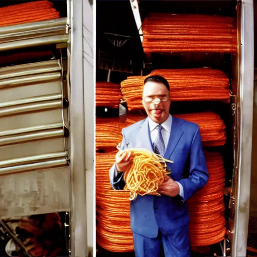 Image similar to spaghetti face man in a suit standing in front of the thrash can in san - francisco, photo 4 k, direct flash, bottom up, high resolution, film photography,