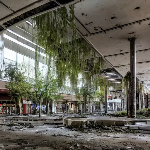 Image similar to a post-apocalyptic abandoned 1990s mall, lush overgrowth