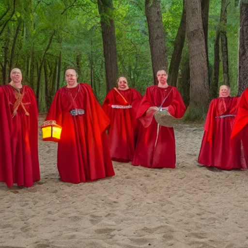 Image similar to A group of Spanish inquisitors holding lanterns on a sandy beach Cove in middle of a magical forest