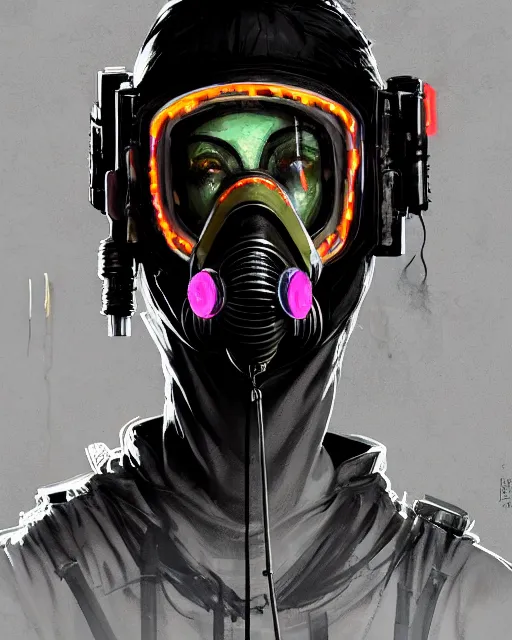 Image similar to detailed portrait neon female swat officer, cyberpunk futuristic, neon, gas mask, reflective puffy coat, decorated with traditional japanese by ismail inceoglu dragan bibin hans thoma greg rutkowski alexandros pyromallis nekro rene margitte, fire & smoke, illustrated, perfect face, fine details, realistic shaded, fine - face, pretty face