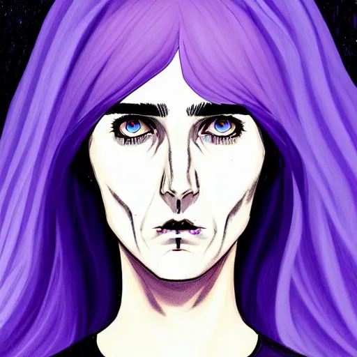 Prompt: I'm the style of Phil Noto, beautiful witch spooky female, Jennifer Connelly, blue and purple glowing hair, perfect eyes perfect symmetrical eyes, symmetrical face, dark forest background, painterly style