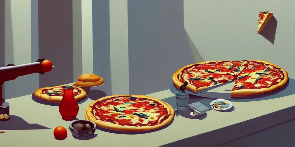 Prompt: an achingly beautiful still life featuring tillamook cheese and Pizza very coherent, painted by Edward Hopper, Wayne Barlowe, painted by James Gilleard, airbrush, art by JamesJean