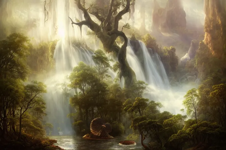 Image similar to floating lands in-clouds, foggy, volumetric fog, sun beams, blooming, birds, giant mushrooms, waterfalls; by Tom Bagshaw, Ivan Shishkin, Hans Thoma, Asher Brown Durand