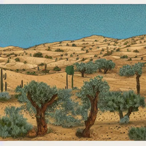 Image similar to a small town with olive trees in the desert by Reuven Rubin, detailed, brown and green color palette