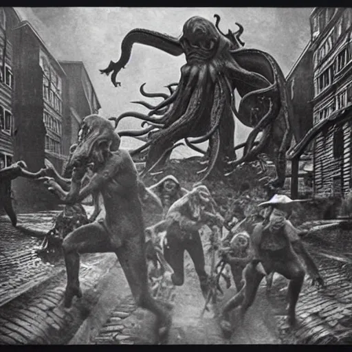 Image similar to Cthulhu attacking village, people running in panic, photo, 1920