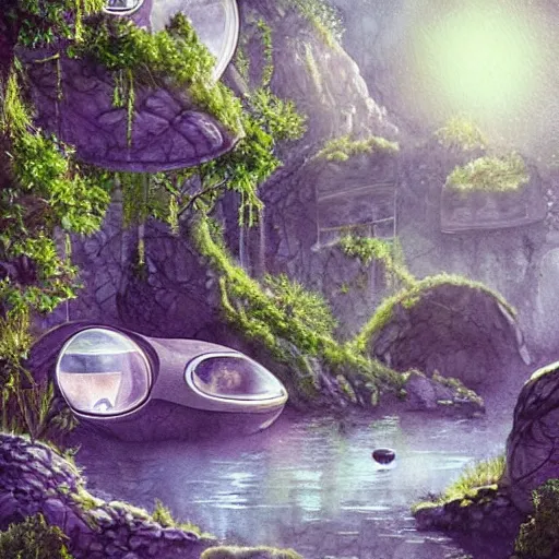 Image similar to beautiful happy picturesque charming sci - fi organic pod - like homes of the future in a beautiful natural scene. water, trees and rocks. beautiful light. soft colour scheme. beautiful artistic detailed watercolor by lurid. ( 2 0 2 2 )