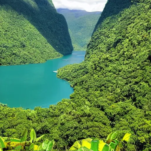 Image similar to a fjord in a tropical jungle.