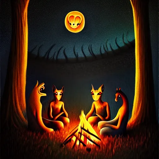 Image similar to strange mythical beasts of sitting around a fire under a full moon, surreal dark uncanny painting by ronny khalil