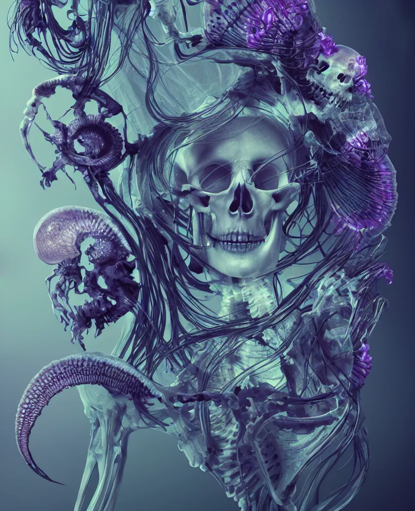 Image similar to goddess close-up portrait human skeleton, ram skull, skeleton, thorax, x-ray, backbone, jellyfish phoenix head, nautilus, orchid, skull, betta fish, bioluminiscent creatures, intricate artwork by Tooth Wu and wlop and beeple. octane render, trending on artstation, greg rutkowski very coherent symmetrical artwork. cinematic, hyper realism, high detail, octane render, 8k