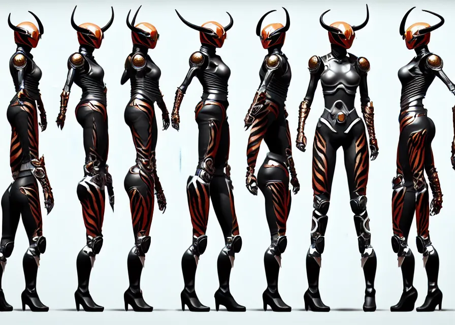 Image similar to female kamen rider character concept art sprite sheet of abstract tiger concept, big belt, horns, human structure, concept art, hero action pose, human anatomy, intricate detail, hyperrealistic art and illustration by irakli nadar and alexandre ferra, unreal 5 engine highlly render, global illumination