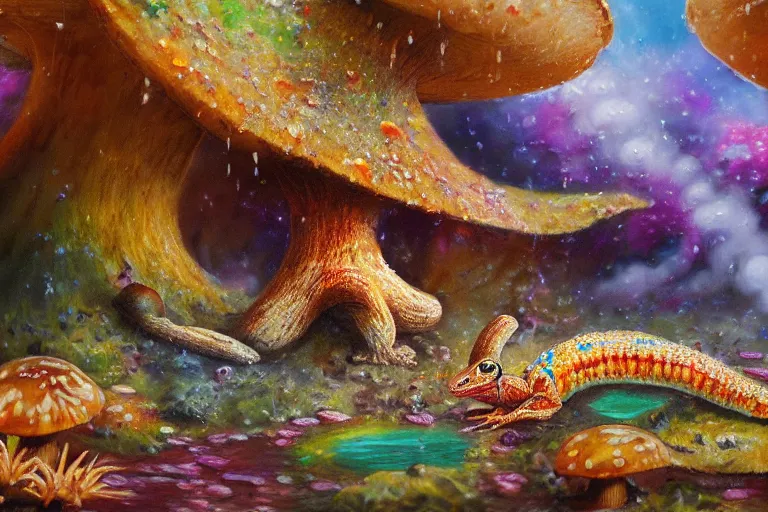 Image similar to highly detailed oil painting of a mushroom lizard in a steaming colorful hotspring, featured on artstation