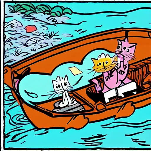 Prompt: cartoon cat fishing in a river while in a boat, cartoon network, illustrated by Bill Watterson in stunning color