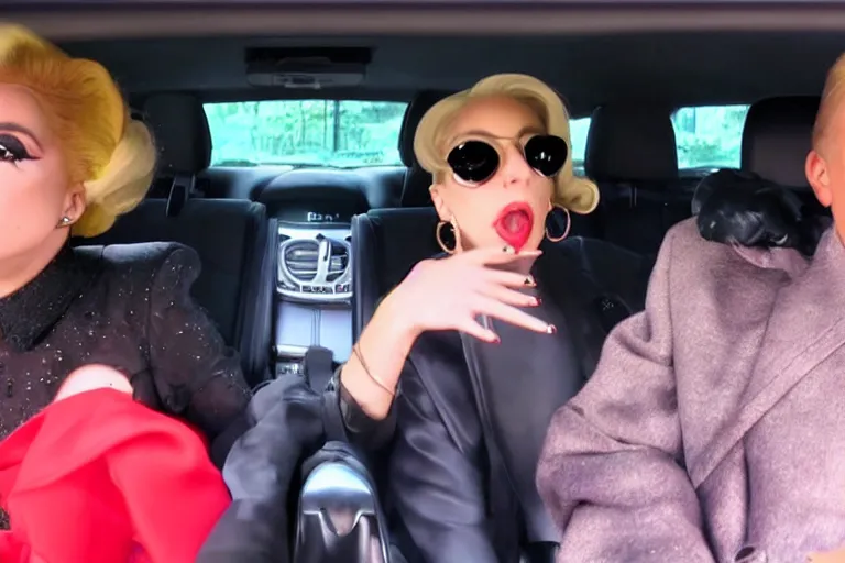 Image similar to lady gaga and judy garland carpool karaoke, highly realistic, highly detailed, high resolution, 8 k 4 k,