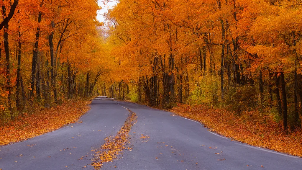 Image similar to a photograph of a country road lined on both sides by maple and poplar trees, in the autumn, red orange and yellow leaves, some leaves have fallen and are under the trees and on the road