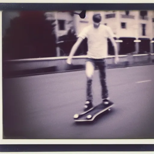 Prompt: vintage polaroid photograph of a man skating on a sidewalk, heavy motion blur