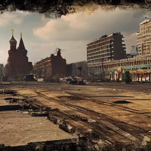 Image similar to ruins of moscow post - apocalypse, photorealistic