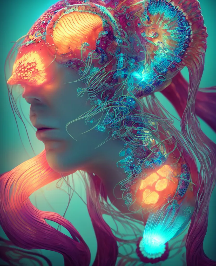 Prompt: goddess close-up face portrait. jellyfish phoenix head, nautilus, butterfly, skull, betta fish, bioluminiscent creatures, intricate artwork by Tooth Wu and wlop and beeple. octane render, trending on artstation, greg rutkowski very coherent symmetrical artwork. cinematic, hyper realism, high detail, octane render, 8k