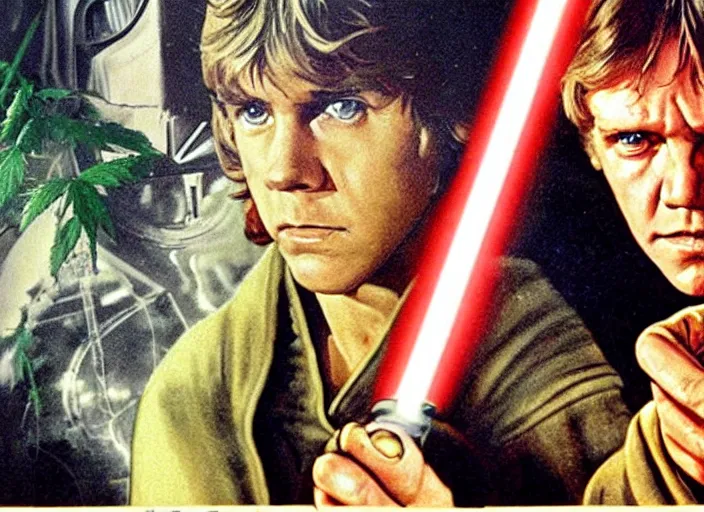 Image similar to vintage 1 9 7 7 star wars episode iv a new hope movie poster, of luke skywalker with bloodshot eyes smoking a huge blunt, surrounded by cannabis plants