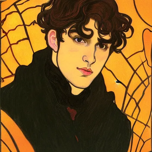 Prompt: painting of young cute handsome beautiful dark medium wavy hair man in his 2 0 s named shadow taehyung at the halloween pumpkin jack o'lantern party, melancholy, autumn colors, japan, elegant, clear, painting, stylized, delicate, soft facial features, delicate facial features, soft art, art by alphonse mucha, vincent van gogh, egon schiele