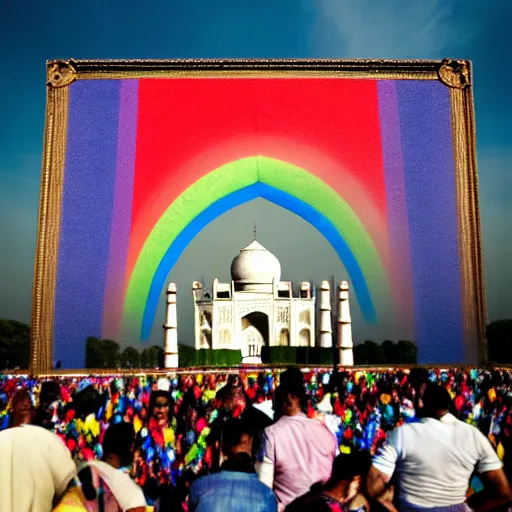 Image similar to photo of crowd of men wearing leather clothes with rainbow flags dancing at ( ( ( ( taj mahal ) ) ) ), well framed, sharp focus, 8 k, beautiful, award winning photo, highly detailed, intricate, centered, soft clouds