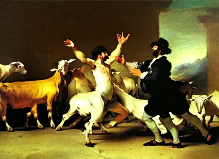 Image similar to man dancing with goats by francisco de goya and greg rutkowski, detailed masterpiece oil painting