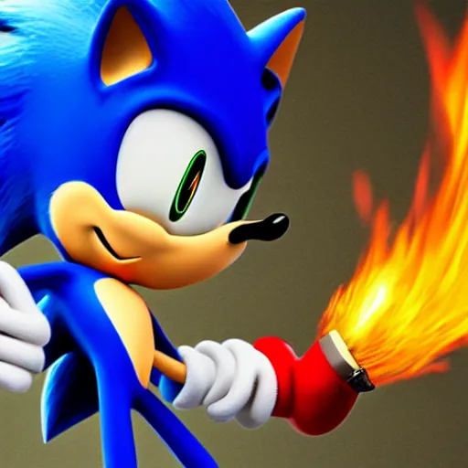 Prompt: Sonic the hedgehog with a flamethrower, award winning photograph, digital art, powerful flamethrower