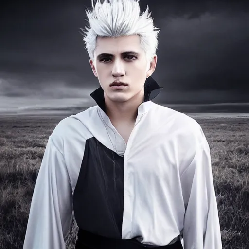 Prompt: a portrait of a young handsome prince, white hair, fringy bangs, white shirt and black tunic, smooth, epic clouds, beautiful landscape, backlit, incredible lighting, strong rim light, highly detailed, god rays, digital painting, HDRI, by Heise Jinyao, Heise-Lian Yan Fang, Feimo, Richard Taddei, vivid colors, high contrast, 8k resolution, intricate, photorealistic