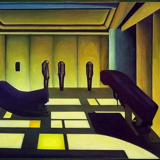 Image similar to sci - fi sarcophagus, statis chamber, sleeping crew, dystopian, pj crook, edward hopper, oil on canvas