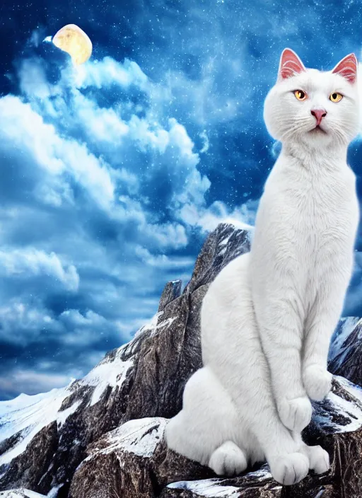 Image similar to giant white cat on a snowy mountain with lightning coming out of its hands, blue sky background with moon