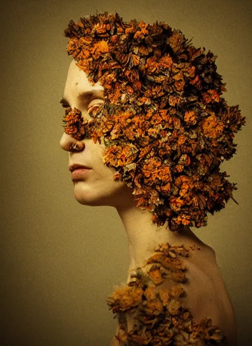 Prompt: a woman's face in profile, made of dried flowers, eyes open, in the style of Rembrandt and Gregory Crewdson, dark and moody