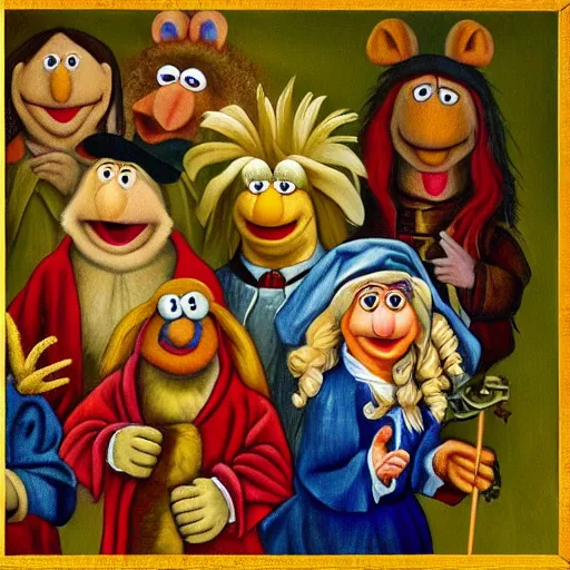 Prompt: painting of muppets at church, in the style of hieronymus bosch and johannes vermeer
