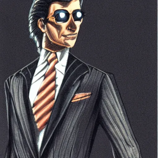 Prompt: a 1 9 8 0 s businessman, wearing a pinstripe suit, hair in slick low ponytail, sunglasses. secret vampire. concept art by abrar ajmal.