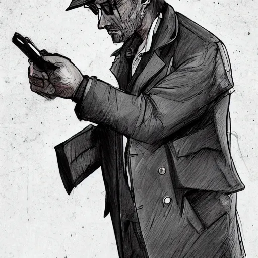 Image similar to a haggard detective in a trenchcoat scanning a crimescene, sketchy artstyle, digital art, dramatic, thick lines, rough lines, cinematic, trending on artstation