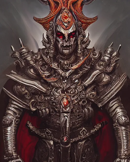 Prompt: a matte painting that is a portrait of a demonic priest wearing a massive ornate headdress made of metal, horror color scheme, dark fantasy, art deco, cinematic lighting, smooth,, digital painting, diablo concept art, vitaly bulgarov artstation, daytoner artstation, concept art