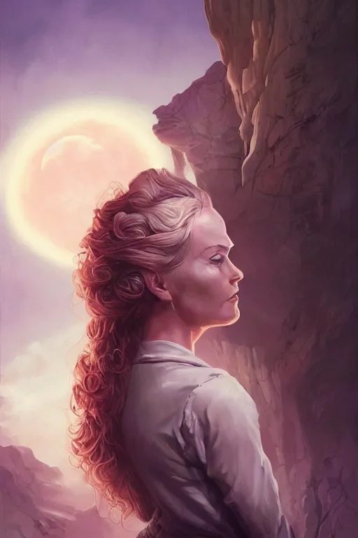 Image similar to Dolores Abernathy (Westworld character), breathtakingly beautiful portrait, beautiful hair, symmetrical face, moonlit purple sky, matte painting by Peter Mohrbacher, highly detailed, intricate, ,award winning artwork, trending on artstation, high quality printing, fine art with subtle redshift rendering