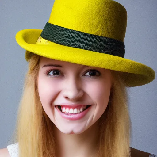 Prompt: portrait of a smiling 2 0 - year - old woman with angle lost profile nails pretty face, medium yellow blond hair, character with a hat, hair comes out of the hat a little