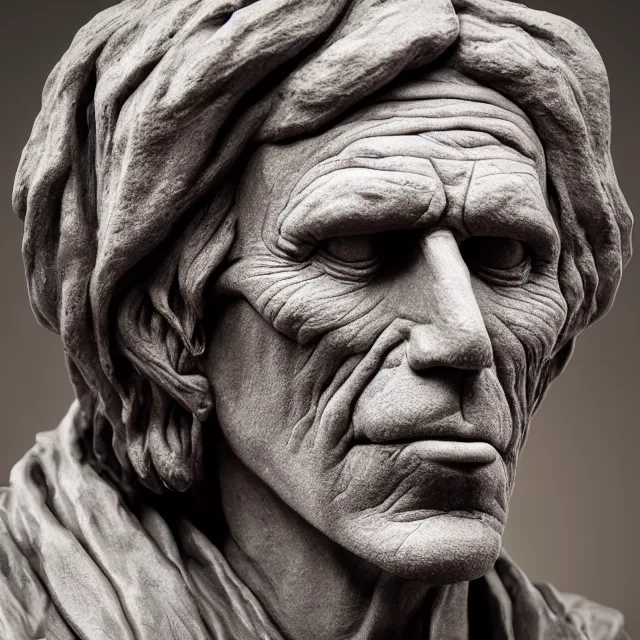 Image similar to photography of a bust of Keith Richards made of clay by Sebastian Kruger and Michelangelo, wrinkles, 50mm, studio atmosphere, 8K, rim light, octane render, ultra-realistic