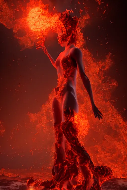 Prompt: 3 d digital render of a eldritch volcanic fire goddess clothed in a flaming gown, volcanic embers, magma, diffused lighting, hyperrealism, fantasy character art by laura zalenga and alexander holllow fedosav, 8 k dop dof hdr